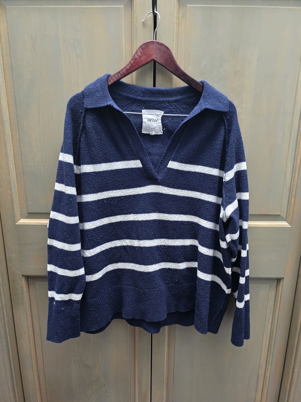 aerie Navy and White Striped V-Neck Collared Sweater